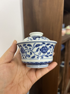 春花秋月仿明青花缠枝牡丹二才马蹄盖碗 泡茶碗陶瓷茶具 景德镇