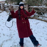 韩版时尚中长款酒红色皮毛一体大衣女2025年冬季新款加厚显瘦棉服，女装羊羔毛/颗粒绒，柏妮丝绮