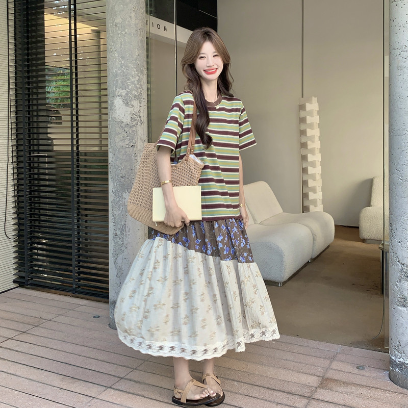 【新款】碎花条纹拼接连衣裙2C060-2629-P135-K218,女装连衣裙,柏妮丝绮