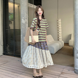 【新款】碎花条纹拼接连衣裙2C060-2629-P135-K218，女装连衣裙，柏妮丝绮