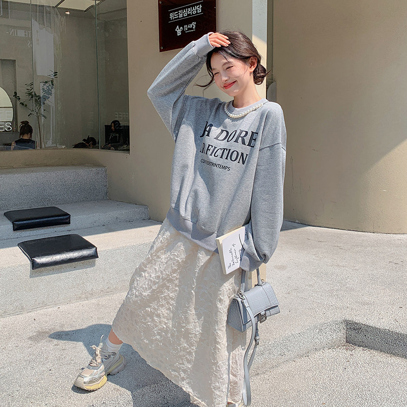 韩系休闲甜美珍珠卫衣套装女2025春秋季新款显瘦高腰半身裙两件套图片