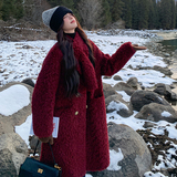 韩版时尚中长款酒红色皮毛一体大衣女2025年冬季新款加厚显瘦棉服，女装羊羔毛/颗粒绒，柏妮丝绮