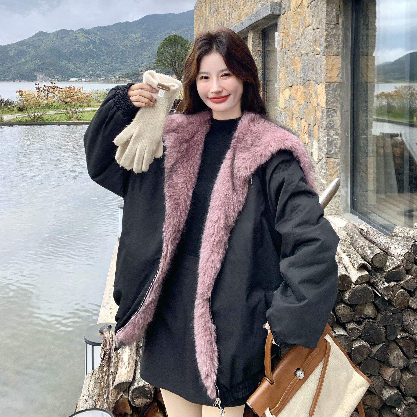 【新款】两面穿大翻领派克服2576-黑P265-K398，女装派克服，柏妮丝绮