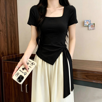老钱风大码女装胖mm2026夏装新款时尚百搭设计感方领T恤显瘦上衣