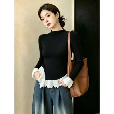 胖mm2026秋冬季内搭半高领荷叶边打底衫女修身显瘦设计感长袖上衣