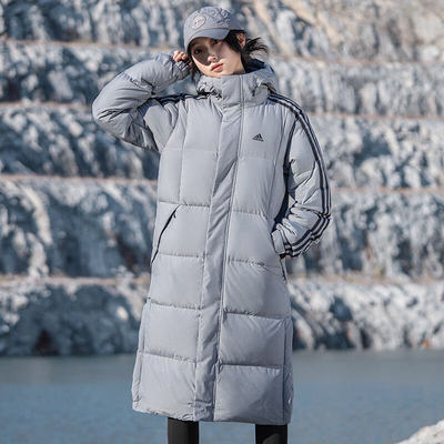 阿迪达斯长款灰色羽绒服外套男2023冬季新款连帽棉羽运动服IT8715