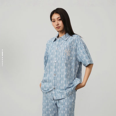 MLB 满印老花单排扣休闲舒适牛仔短袖衬衫 浅蓝色3ADRM1043-50BLL