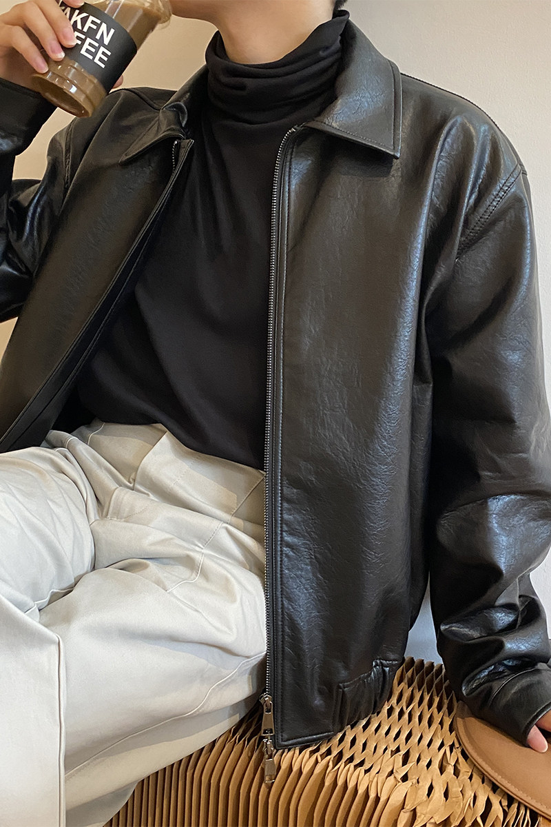 1110-J136-P155秋季纯色韩版小短款宽松休闲机车风皮夹克外套,男装夹克,星座1110