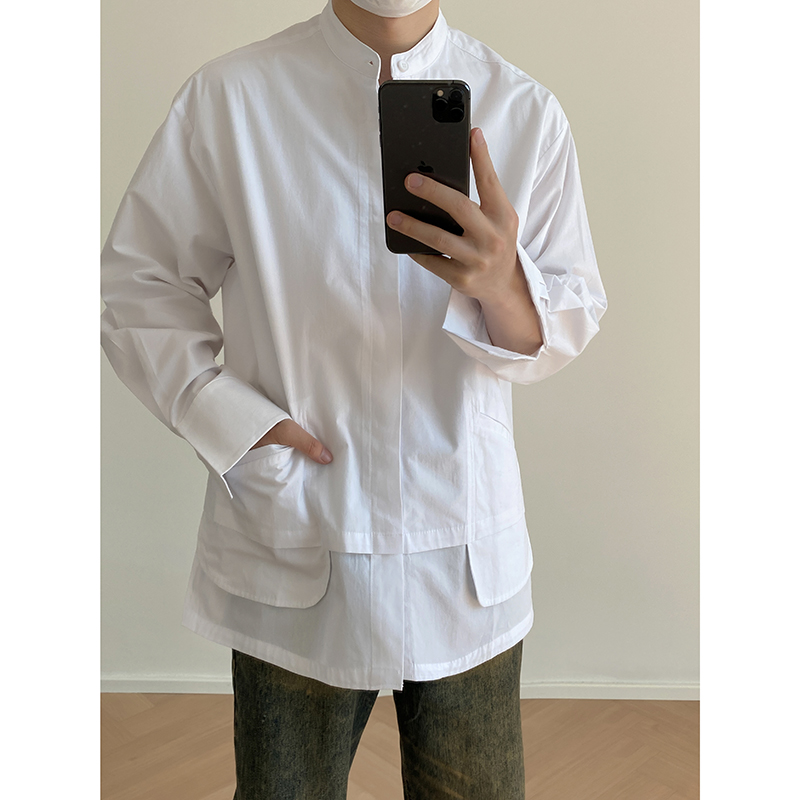 1110-YU119-P95设计感立领小众拼接黑色衬衫男长袖宽松衬衣，男装衬衫，星座1110