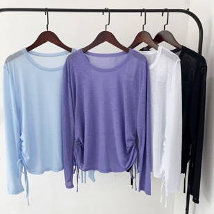 春夏网纱透气抽绳长袖上衣 宽松遮肉运动罩衫瑜伽健身户外跑步T恤