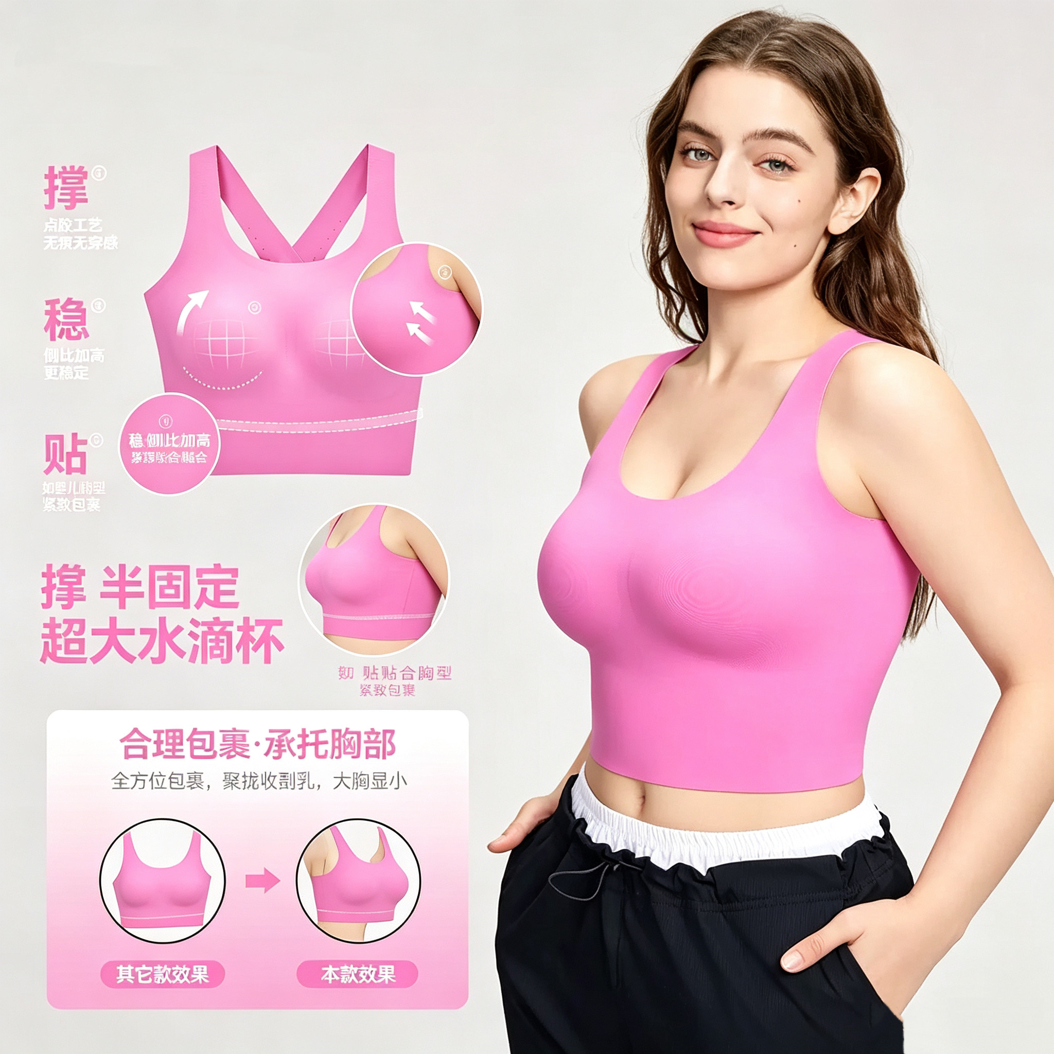 胖MM全包裹收副乳固定罩杯无痕裸感运动文胸外穿工字健身瑜伽内衣