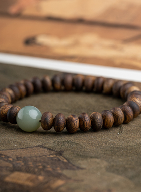 莺歌绿奇楠沉香8*5mm算盘珠配和田玉单圈手串