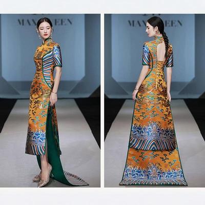 妈妈装长款旗袍T台走秀晚礼服