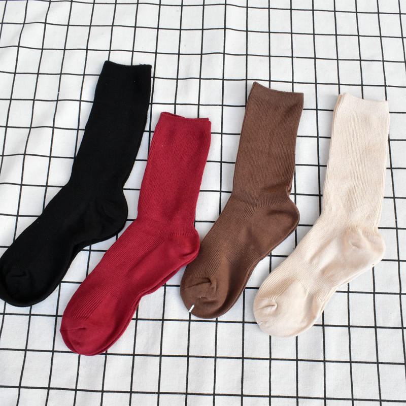 女士堆堆袜双针袜子纯棉中筒袜酒红色咖色纯色小皮鞋袜米色学院风