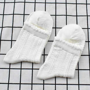 白色麻花纹女袜泡泡口花边袜中筒短袜学院风日系洛丽塔袜甜美外贸