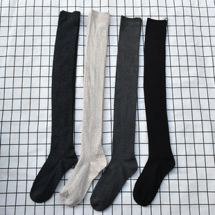 女士长筒袜过膝袜奶白色双针jk堆堆袜纯棉高筒纯色深灰色长筒袜