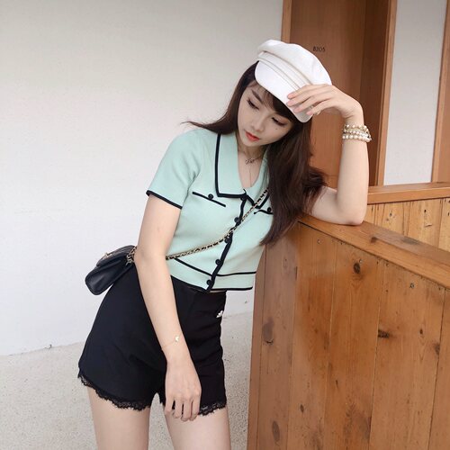 POLO现货自制小香豆绿chic短袖