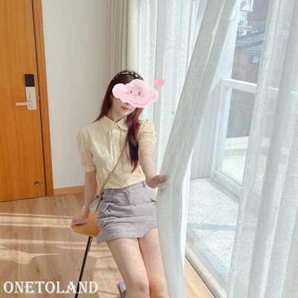 12Land可定做 FiFi chachnil法式少女田园风短袖格子衬衫女2025夏