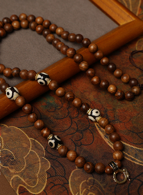 檀木天珠新中式佛牌链檀香木圆珠三眼复古符文快拆吊坠绳唐卡绳子