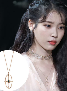 s925银德鲁纳酒店iu李智恩同款项链长款复古绿宝石古典毛衣链女