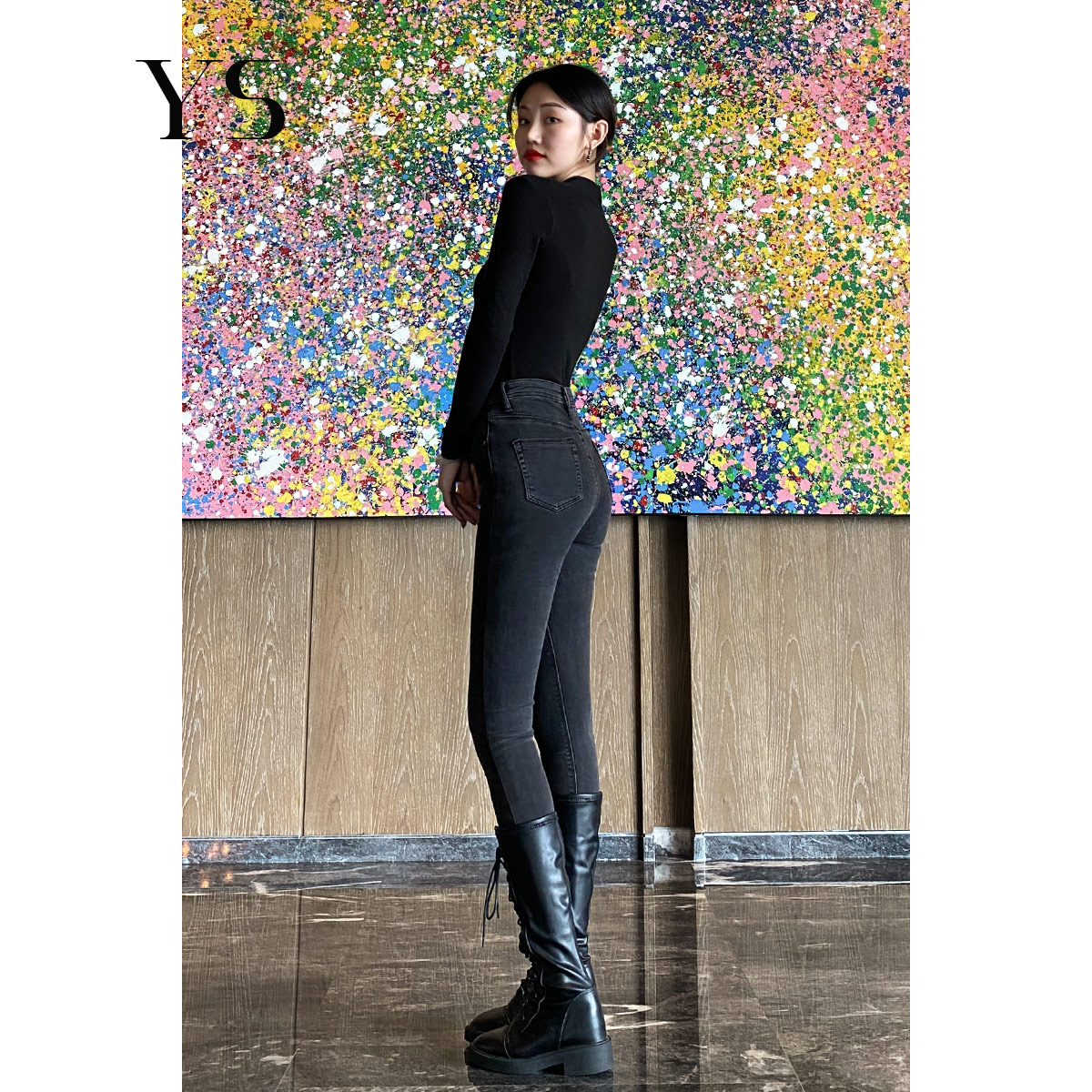 烟灰色紧身弹力加绒铅笔小脚裤子