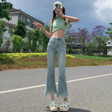 浅蓝色牛仔裤女春装2025年新款高腰显瘦毛边九分小个子微喇叭裤子