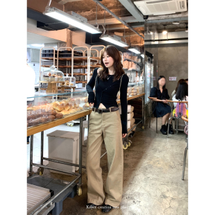 子 高腰显瘦加绒复古老钱风直筒裤 卡其色阔腿牛仔裤 女2025秋冬新款