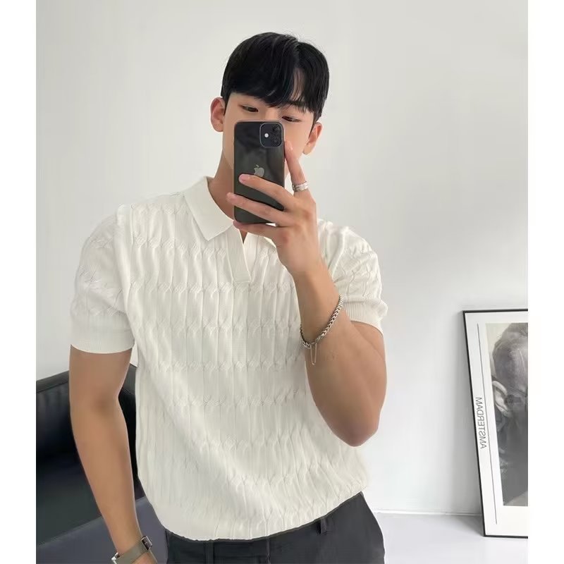 男士针织短袖翻领半袖T恤打底衫夏季Polo衫韩版修身纯色冰丝休闲