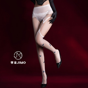 女士性感丝滑油亮无缝超薄3D极光带链条过膝连体丝袜蝴蝶图案黑色