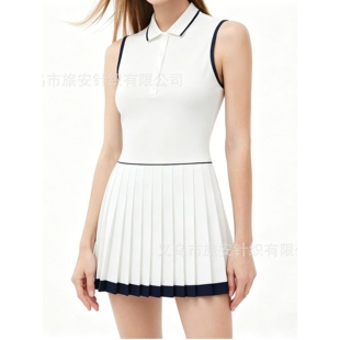 法国鳄鱼同款无袖运动连衣裙女立领 polo领撞色无袖背心式网球裙