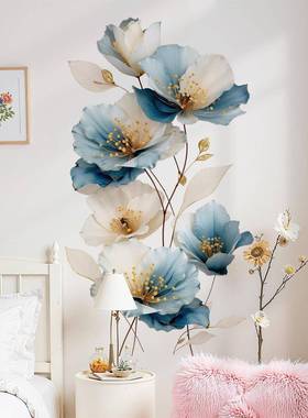 蓝色植物花朵背景墙可移除贴画清新植物花卉房门装饰贴画47009