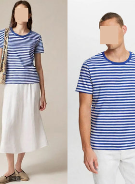 蓝白条纹圆领纯棉短袖T恤 精梳棉 男女情侣有大码 GC208