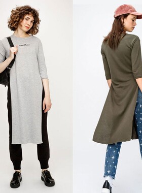 外贸原单高开叉薄毛圈刺绣长款卫衣连衣裙女大码W190103KK