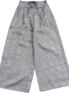 出口复古格子阔腿裤高腰宽松直筒八分裤女外贸日单休闲W191004