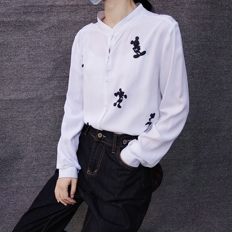 卡通印花 白色立领长袖衬衫 轻薄凉感绵绸  女W190703三件包邮