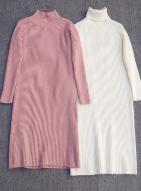 高领毛衣 毛线连衣裙 厚实过膝长裙 8色马卡龙 女Z050401 GC43