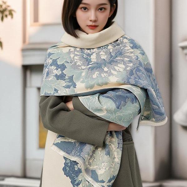 两用围巾女款2025新款赵丽颖时尚印花高级感女秋冬牡丹花披肩外搭
