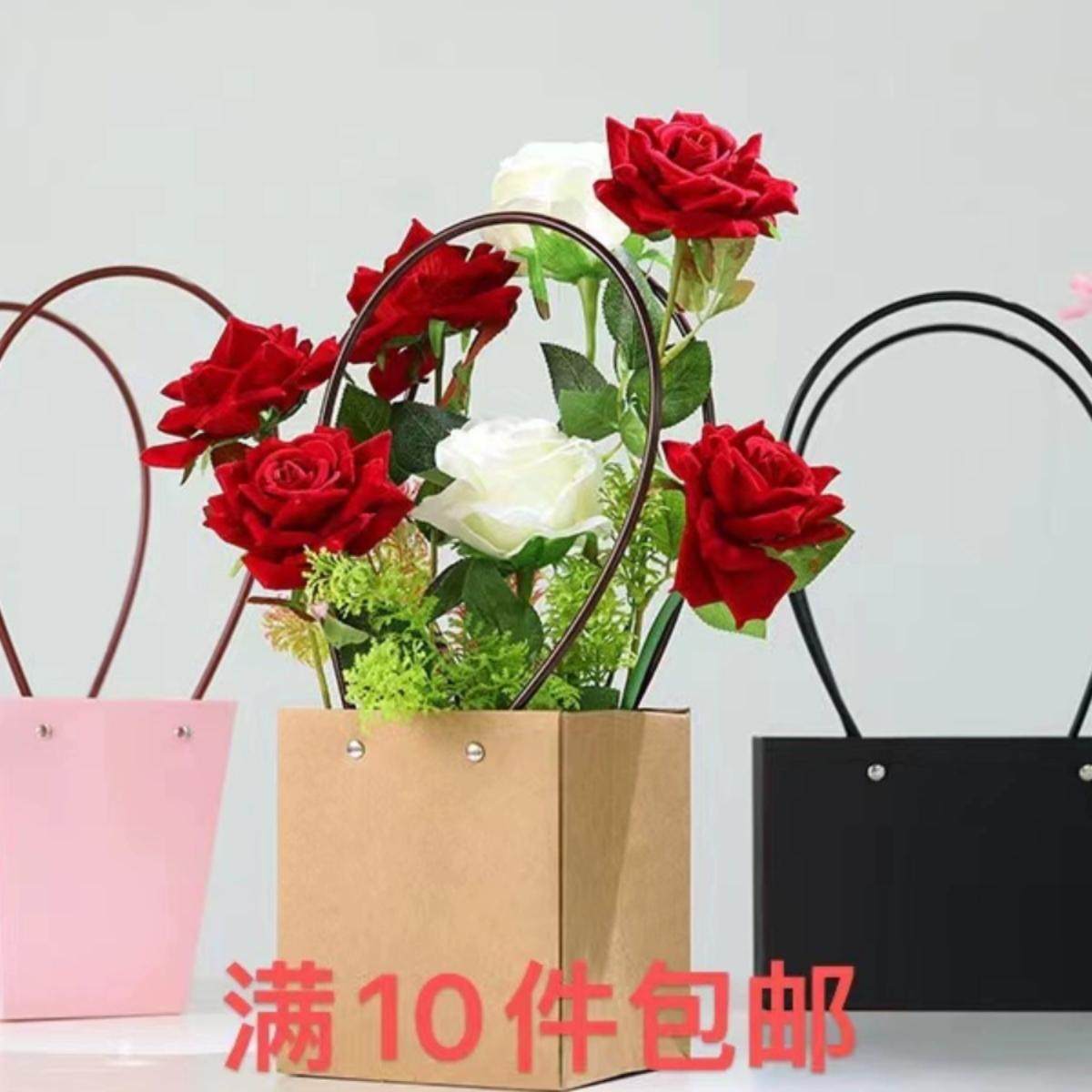妇女节手工牛皮纸鲜花手提花盒防水DIY花艺插花材料鲜花花束包装