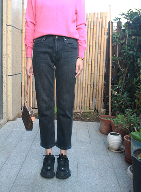 MINIBRAND新款洋气烟灰色加绒小直筒烟管牛仔裤女松紧高腰显瘦