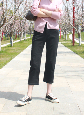 Mini Brand新款黑灰色8-9分松紧腰弹力超软显瘦直筒牛仔裤女