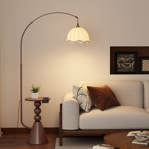 钓鱼灯中古落地灯客厅沙发边卧室床头灯氛围灯美式置物架一体台灯