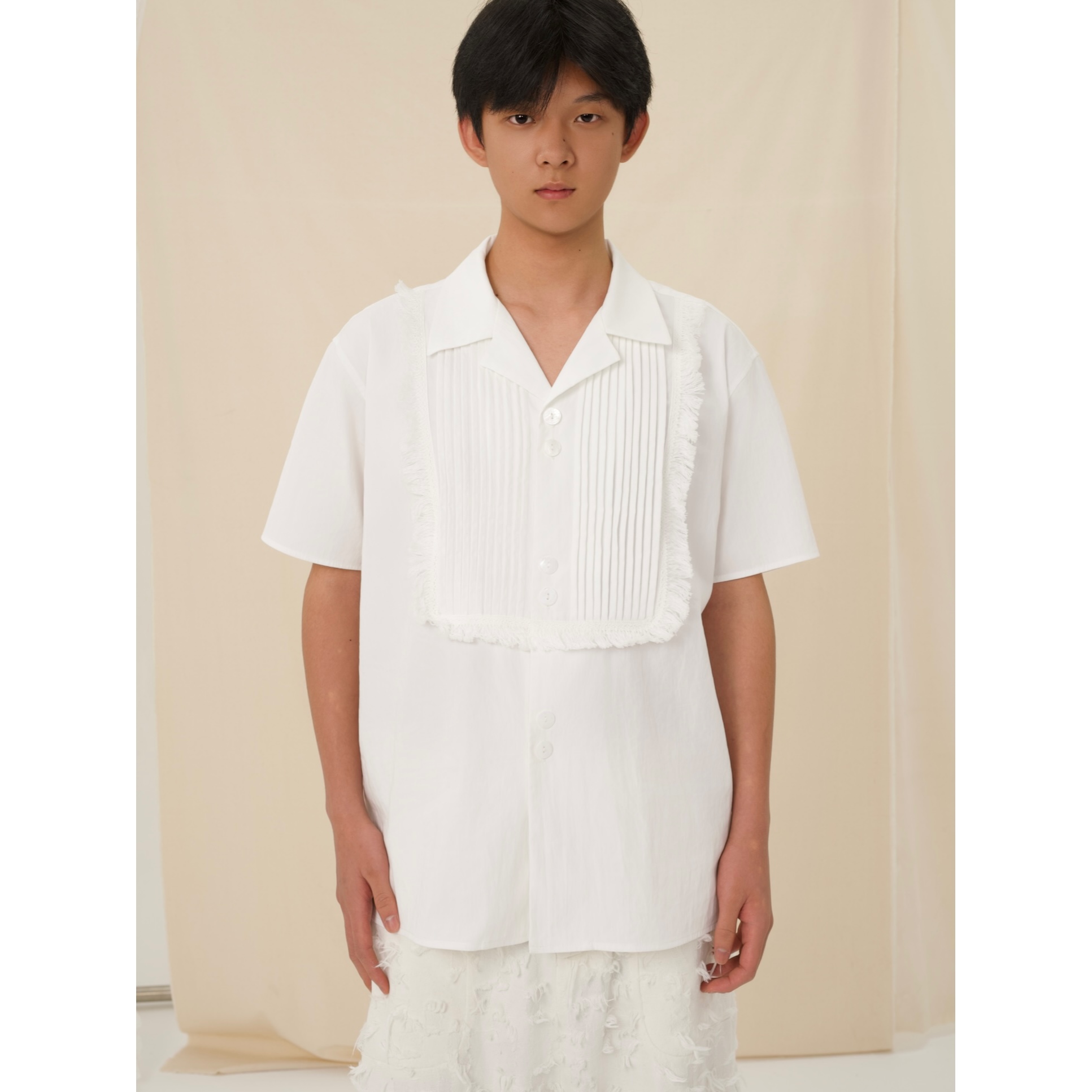 YOWSAH 蕾丝花边打褶领古巴领短袖衬衫