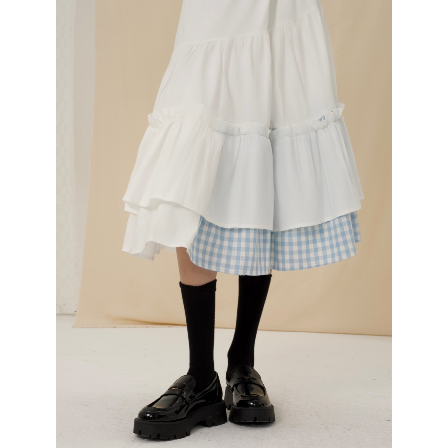 YOWSAH 格纹拼接松紧腰半身裙