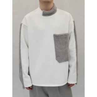 YOWSAH 拼接毛绒领400g重磅加绒纯棉针织保暖长袖卫衣 白色