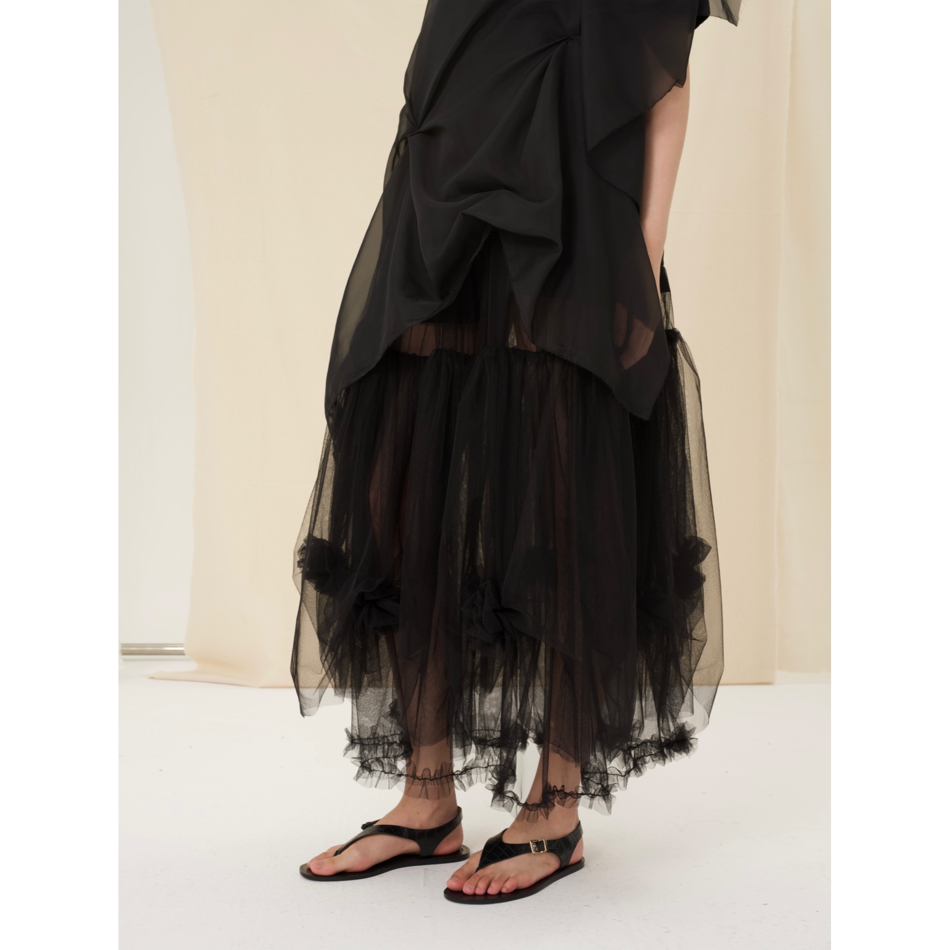 YOWSAH 叠层褶花不规则松紧腰半身裙