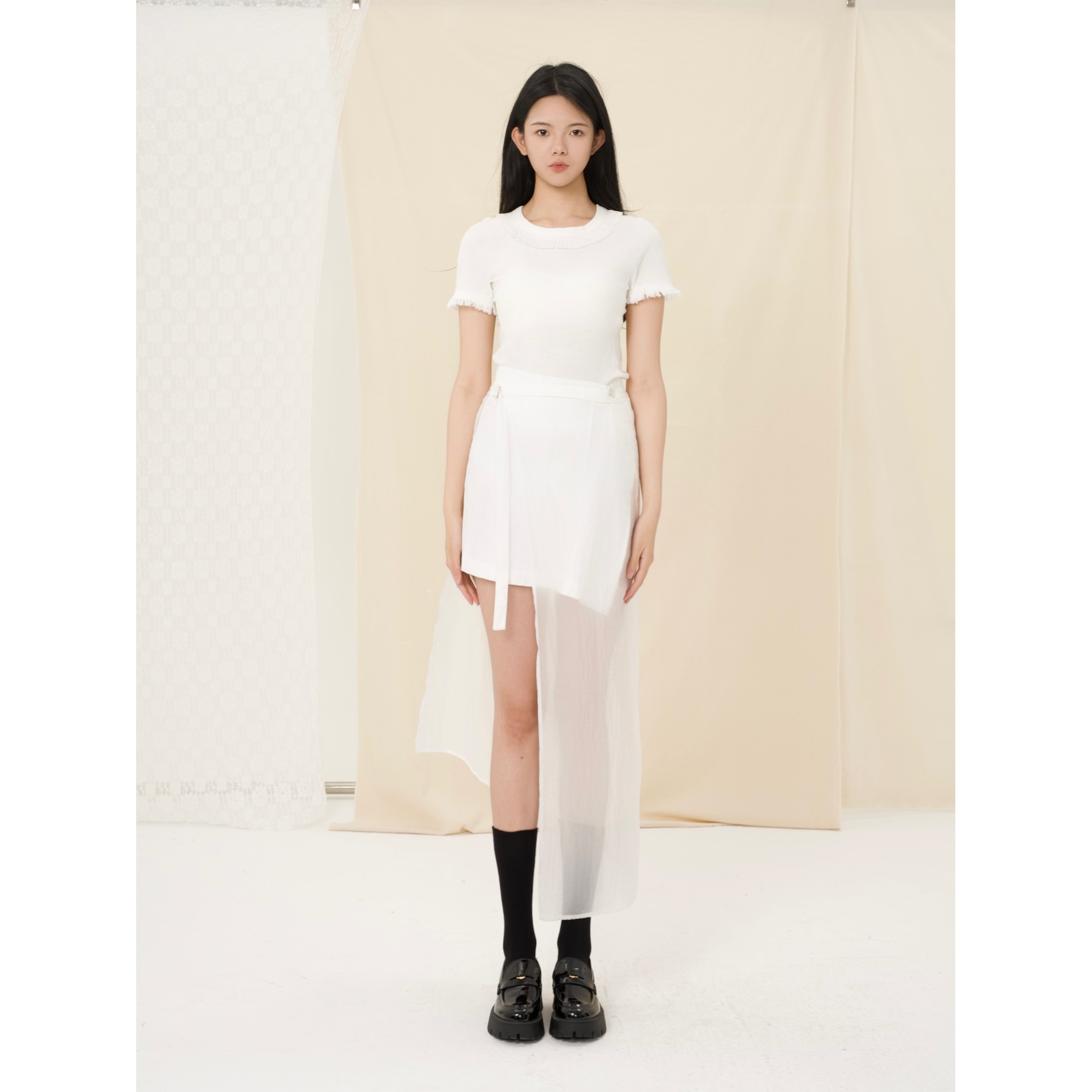 YOWSAH 真丝薄纱拼接两件式打褶半身裙