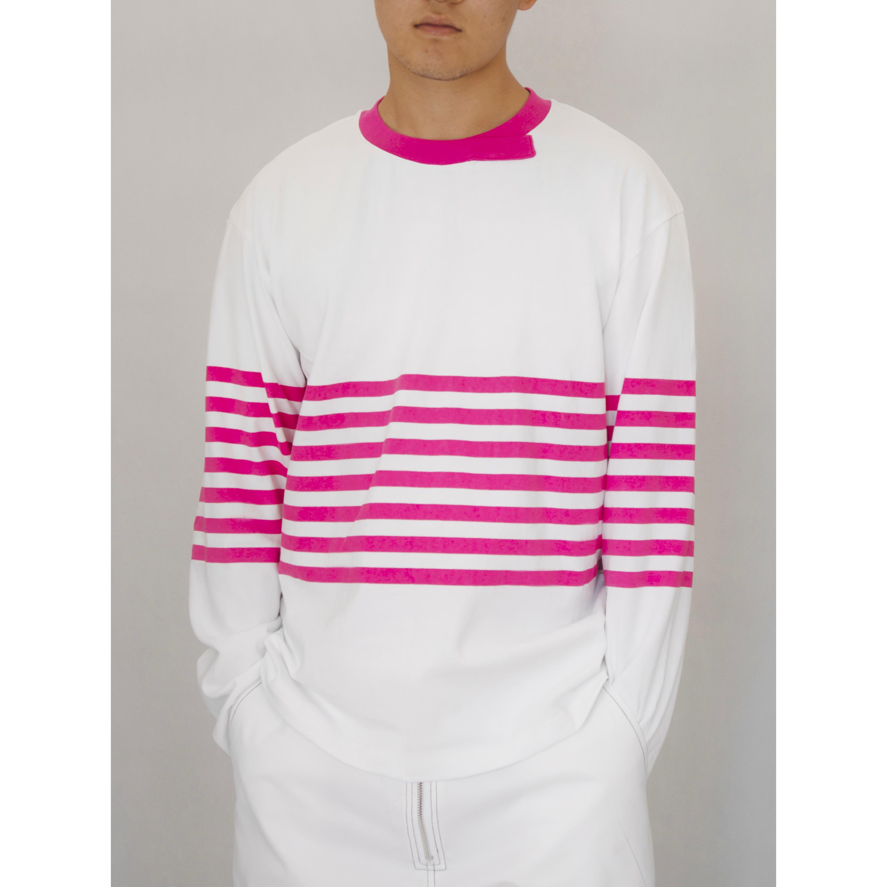 YOWSAH  有机针织全棉亲肤透气粉色条纹错位领长袖白T恤