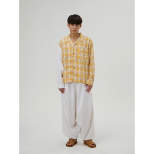 男女同款 黄色格纹古巴领衬衫 wave系列 亚麻刺绣拼接袖 YOWSAH