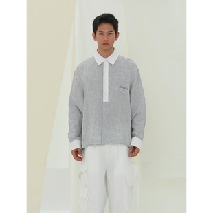 wave系列 衬衫 YOWSAH 亚麻刺绣黑白格纹拼接领长袖