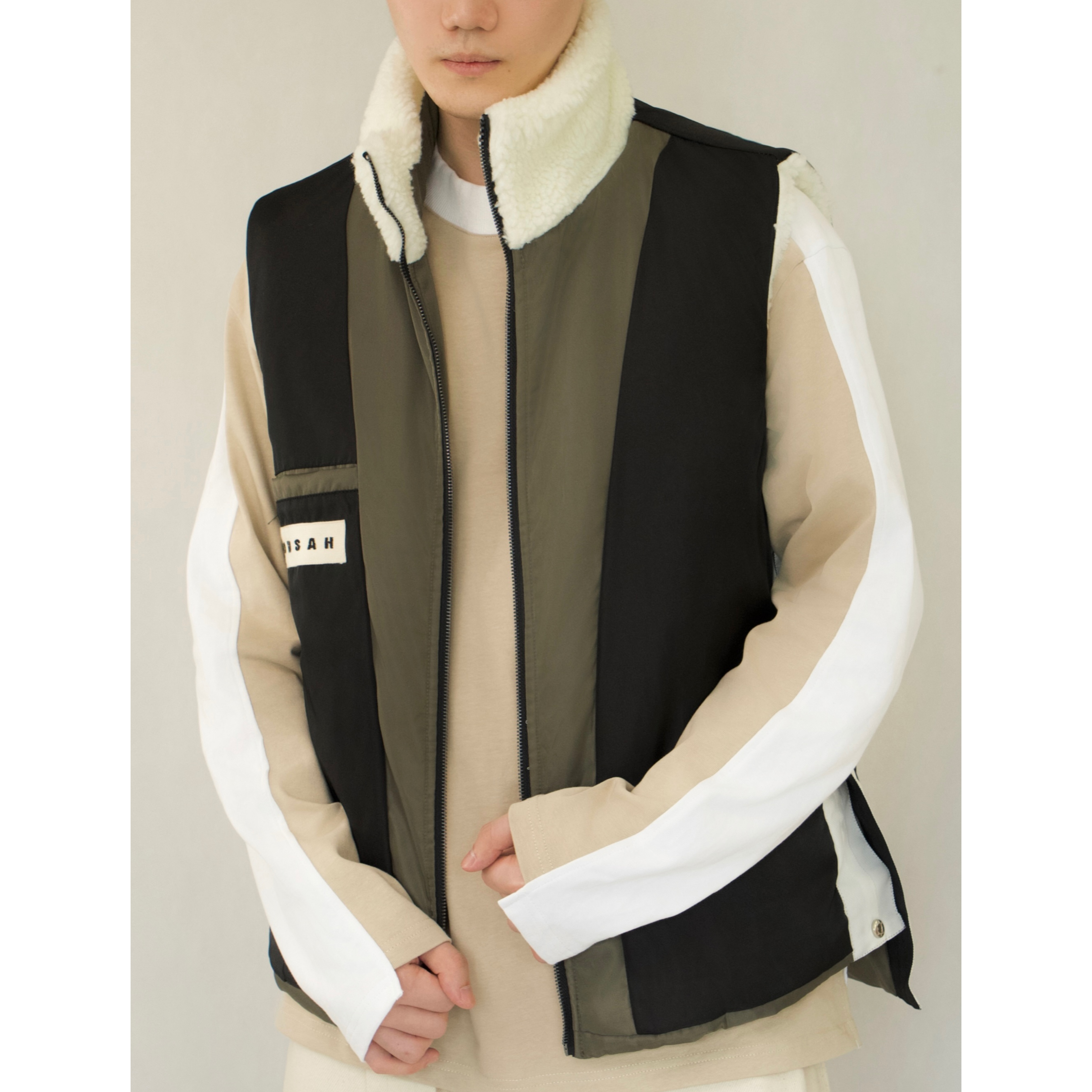 YOWSAH 中性23秋冬里外两穿羊羔绒拼接可翻领保暖棉背心 军绿色